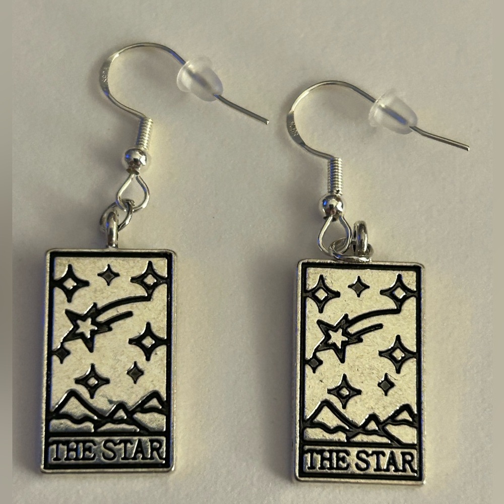 NWOT earrings Tarot Card “The Star” etched cards, Silvertone metal, pierced hook
